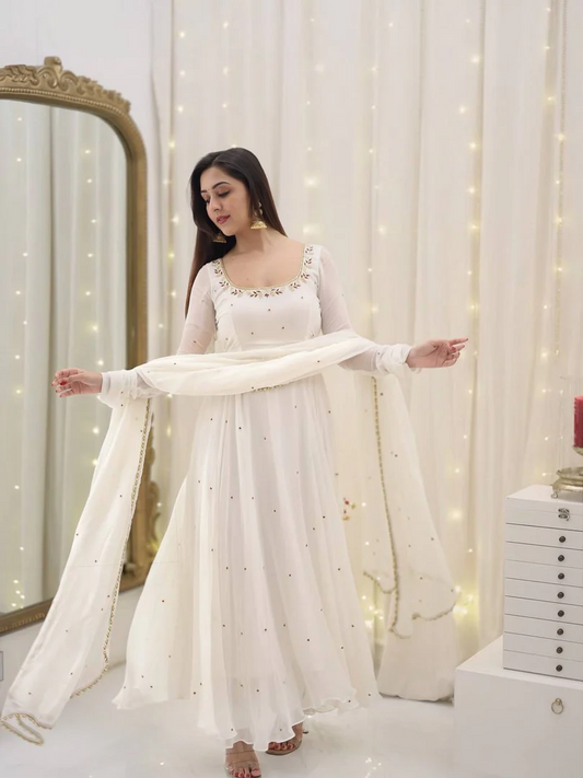 White Anarkali Set With Dupatta