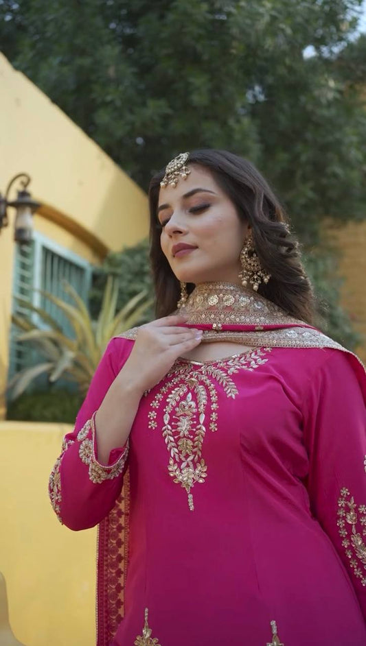 Elegant Pure Chinon Silk Embroidered Kurti Sharara Dupatta Set