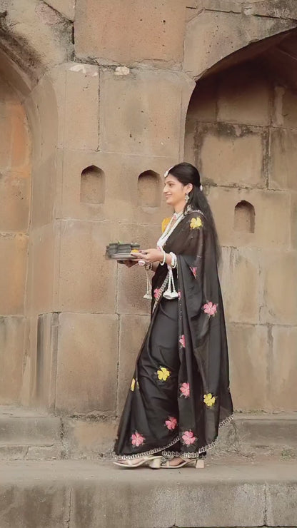 Rangoli Floral Embroidered Saree with Mirror Work Border & Mustard Designer Blouse