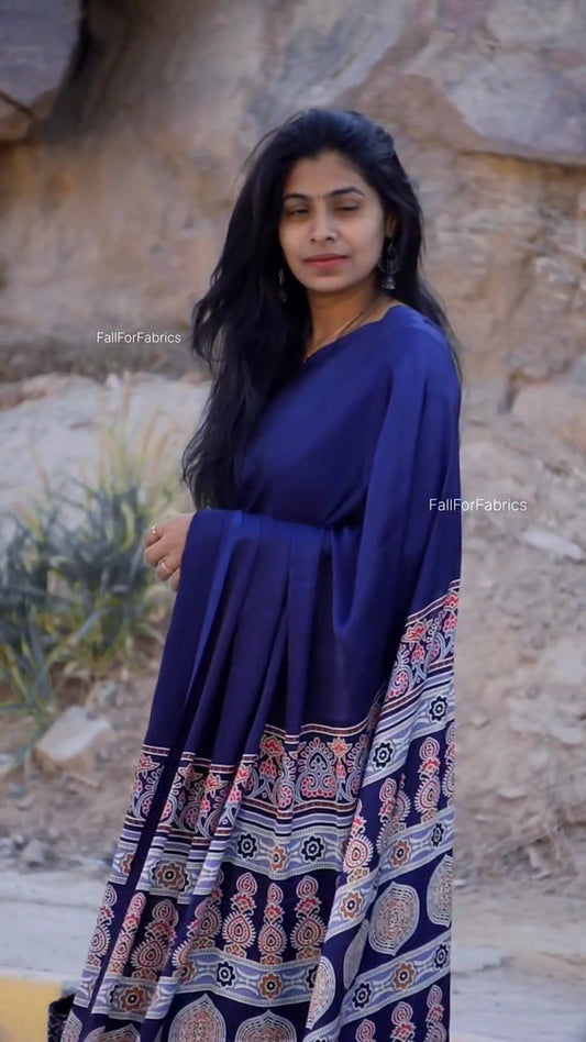 ROYAL BLUE COLOR AJRAKH PALLU SAREE.