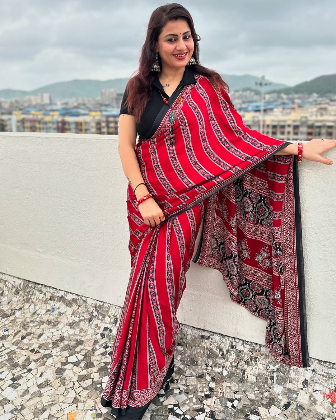 Red Ajrakh Digital Printed Saree – Traditional Ethnic Wear by Ashwara Creations