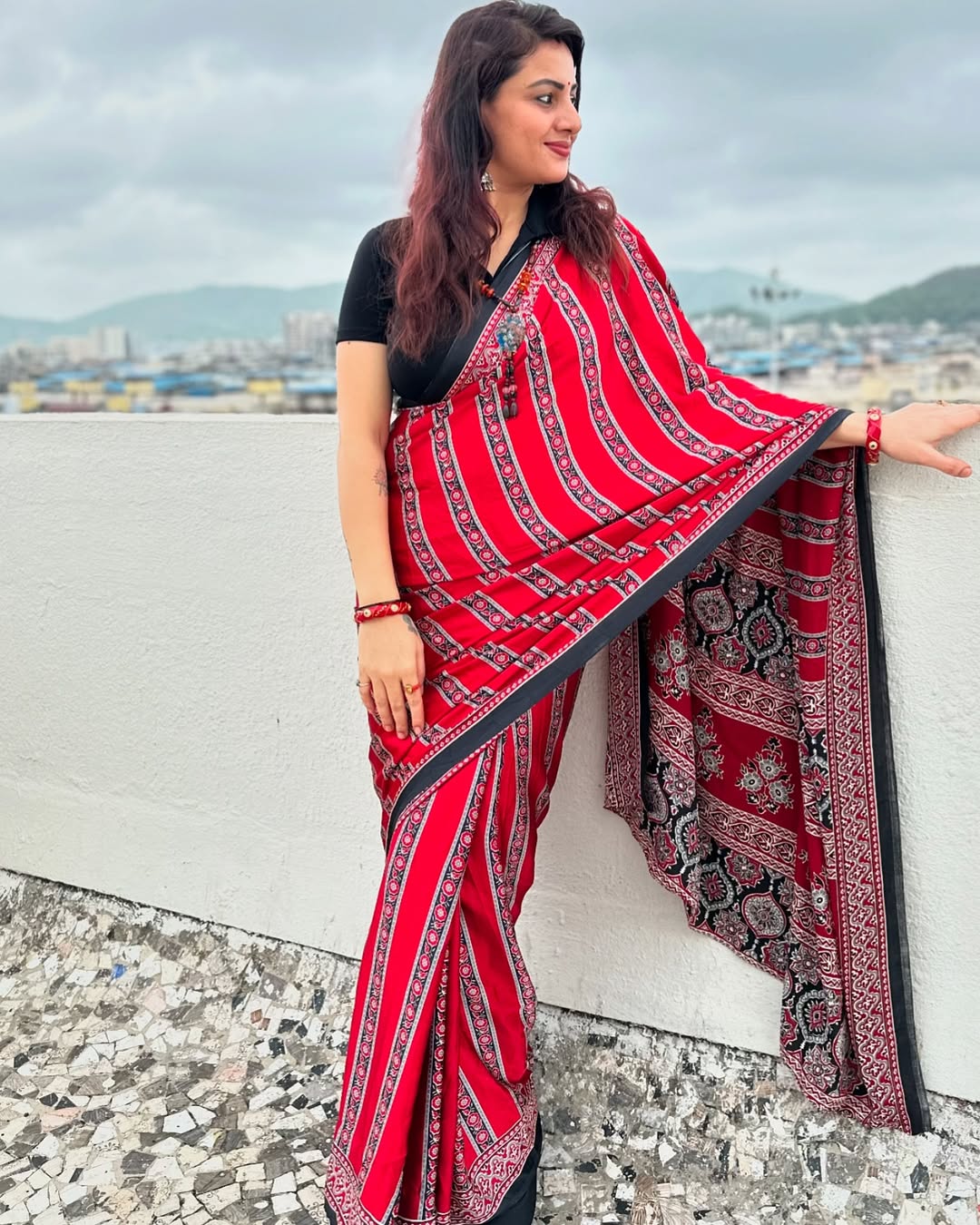 Red Ajrakh Digital Printed Saree – Traditional Ethnic Wear by Ashwara Creations